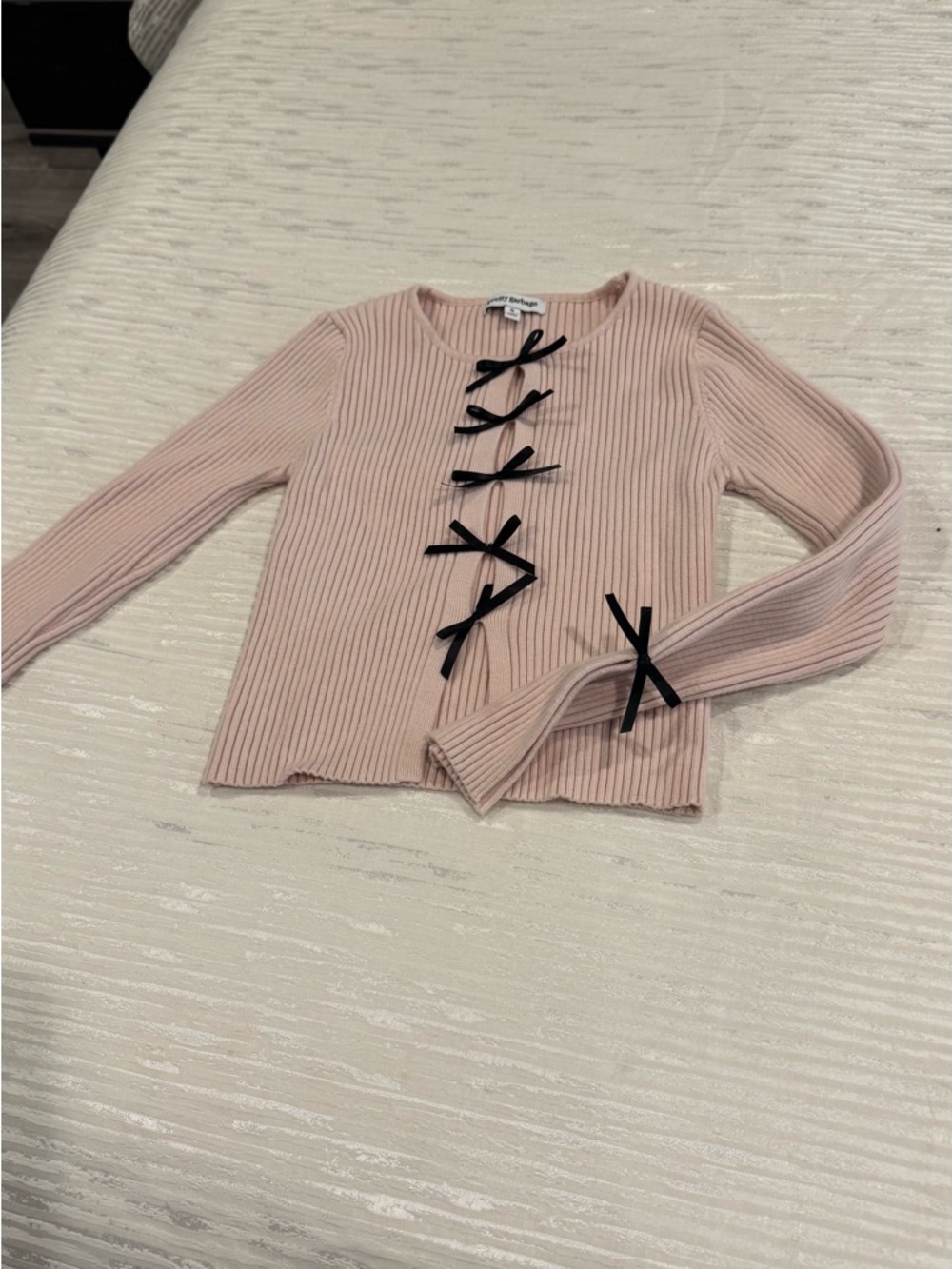 Soft Pink Ribbed Bow-Accent Long Sleeve Top